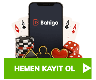 Telefon ekranında Bahigo logosu arkasında oyun kartları ve zarlar ile Hemen Kayıt Ol butonu
